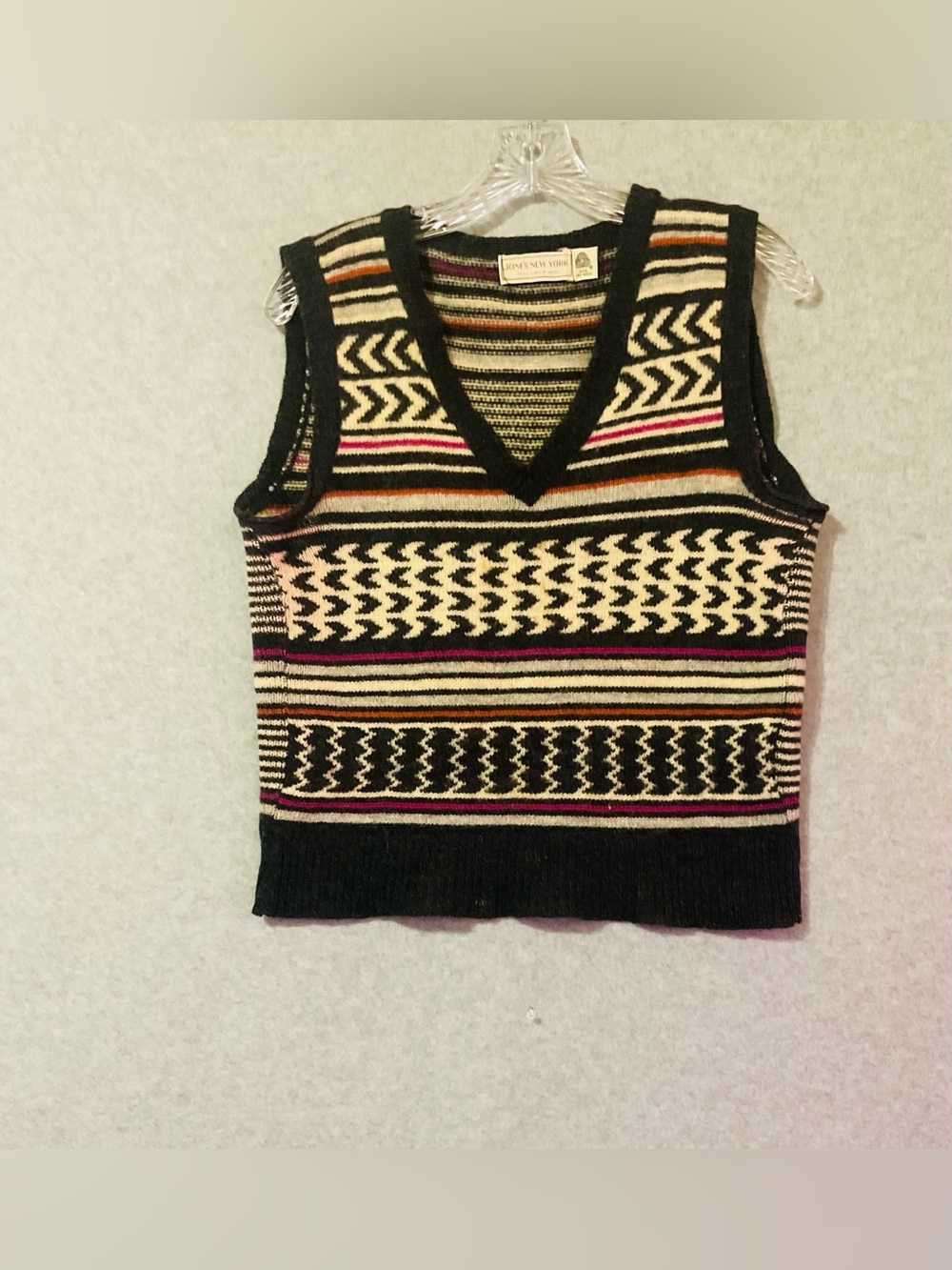 Jones New York Vintage-Inspired Black Patterned V-Neck Sweater Vest Sz